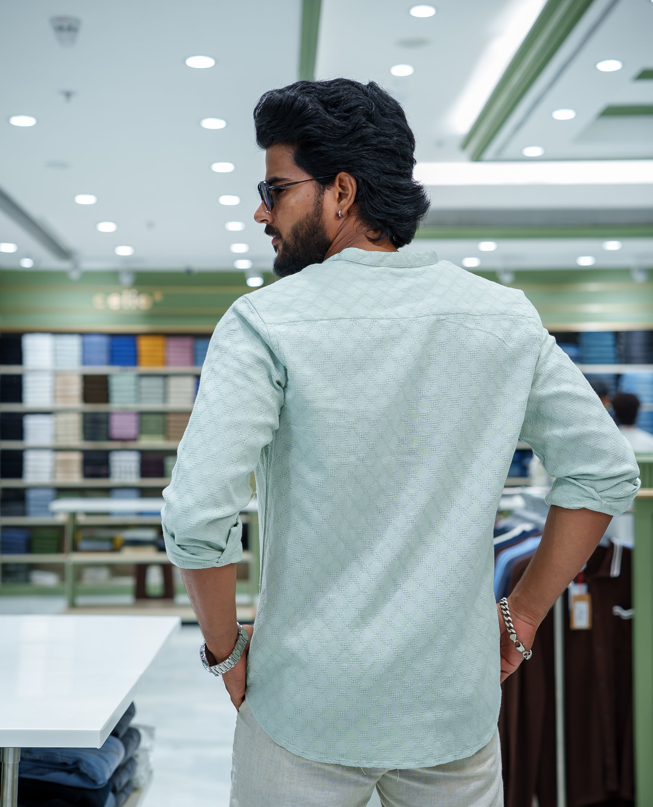 Light Green Cotton Blended Casual Shirt, Subtly Sparkled with Diamond-Patterns Texture, Featuring a Mandarin Collar, Full Sleeves, Slim Fit, and Regular Length