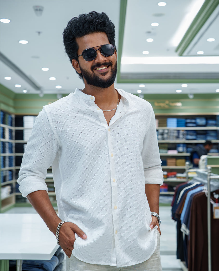 White Cotton Blended Casual Shirt, Subtly Sparkled with Diamond-Patterns Texture, Featuring a Mandarin Collar, Full Sleeves, Slim Fit, and Regular Length