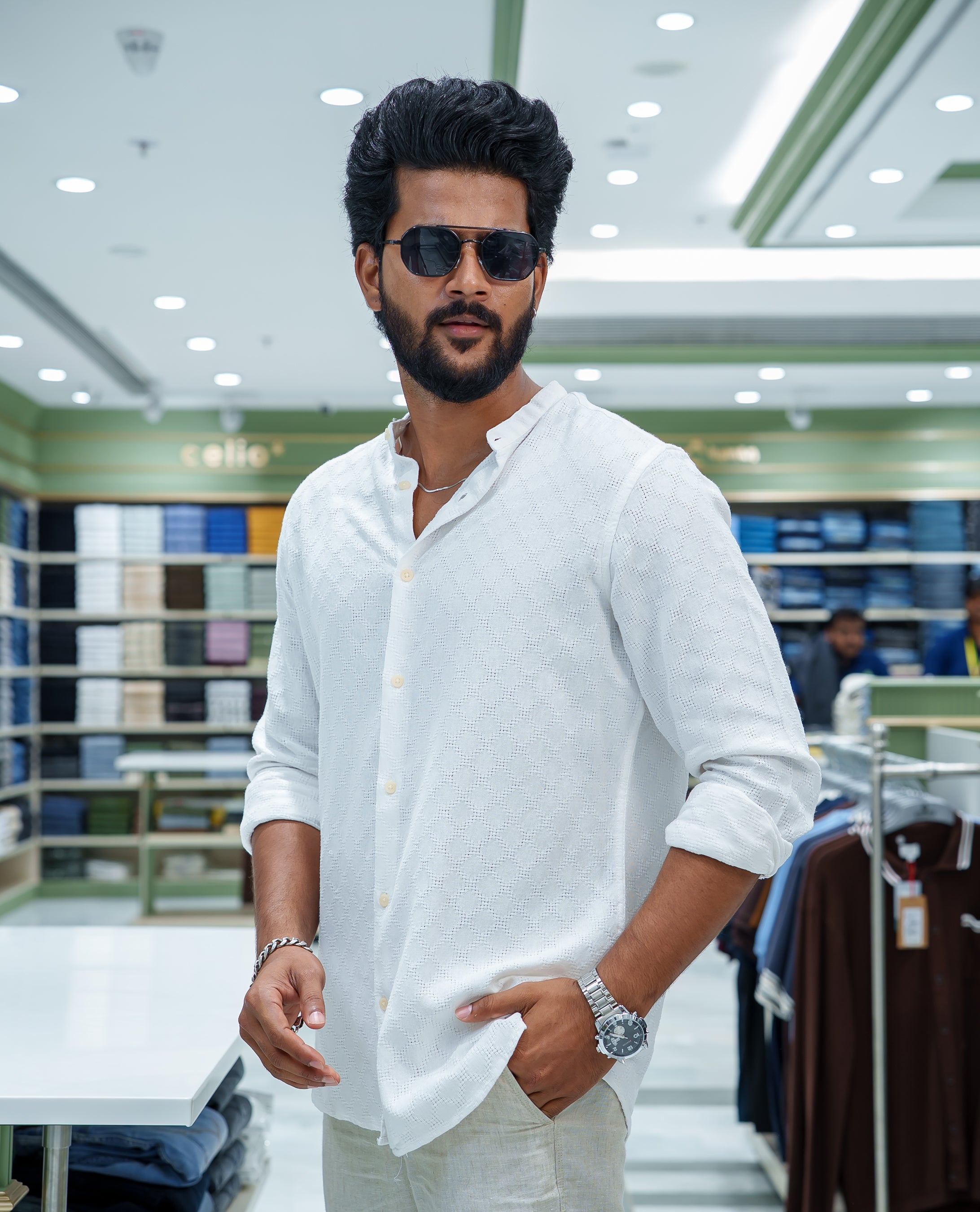 White Cotton Blended Casual Shirt, Subtly Sparkled with Diamond-Patterns Texture, Featuring a Mandarin Collar, Full Sleeves, Slim Fit, and Regular Length