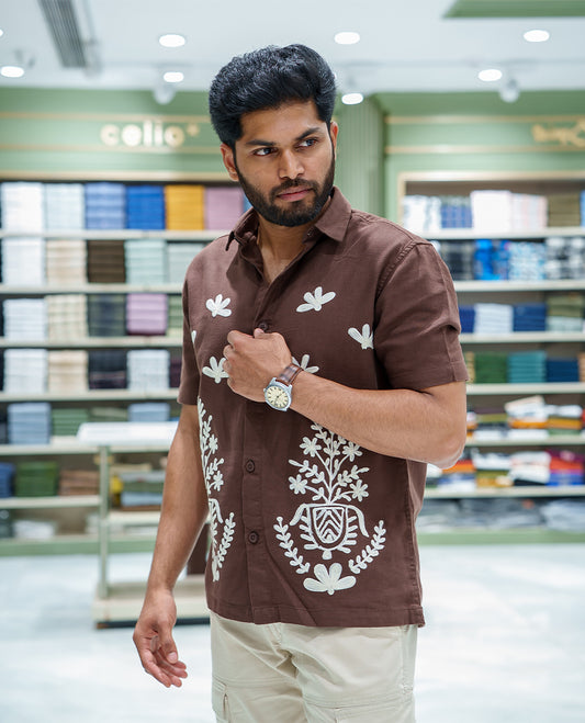 Khaki Cotton-Blended Casual Shirt, Beautified with Floral-Themed Crochet Embroidery, Featuring a Spread Collar, Half Sleeves, Regular Fit, and Regular Length