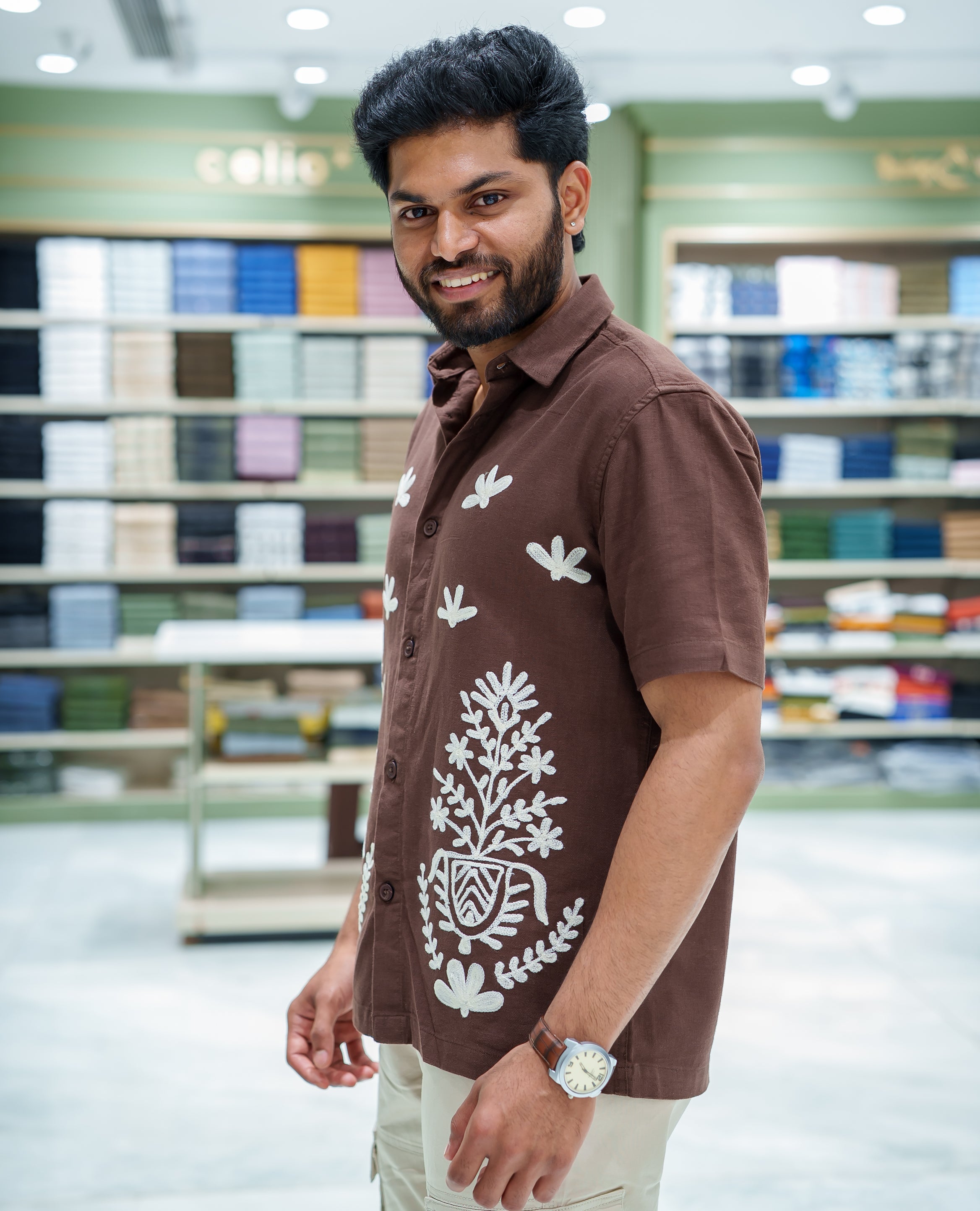 Brown Cotton-Blended Casual Shirt, Beautified with Floral-Themed Crochet Embroidery, Featuring a Spread Collar, Half Sleeves, Regular Fit, and Regular Length