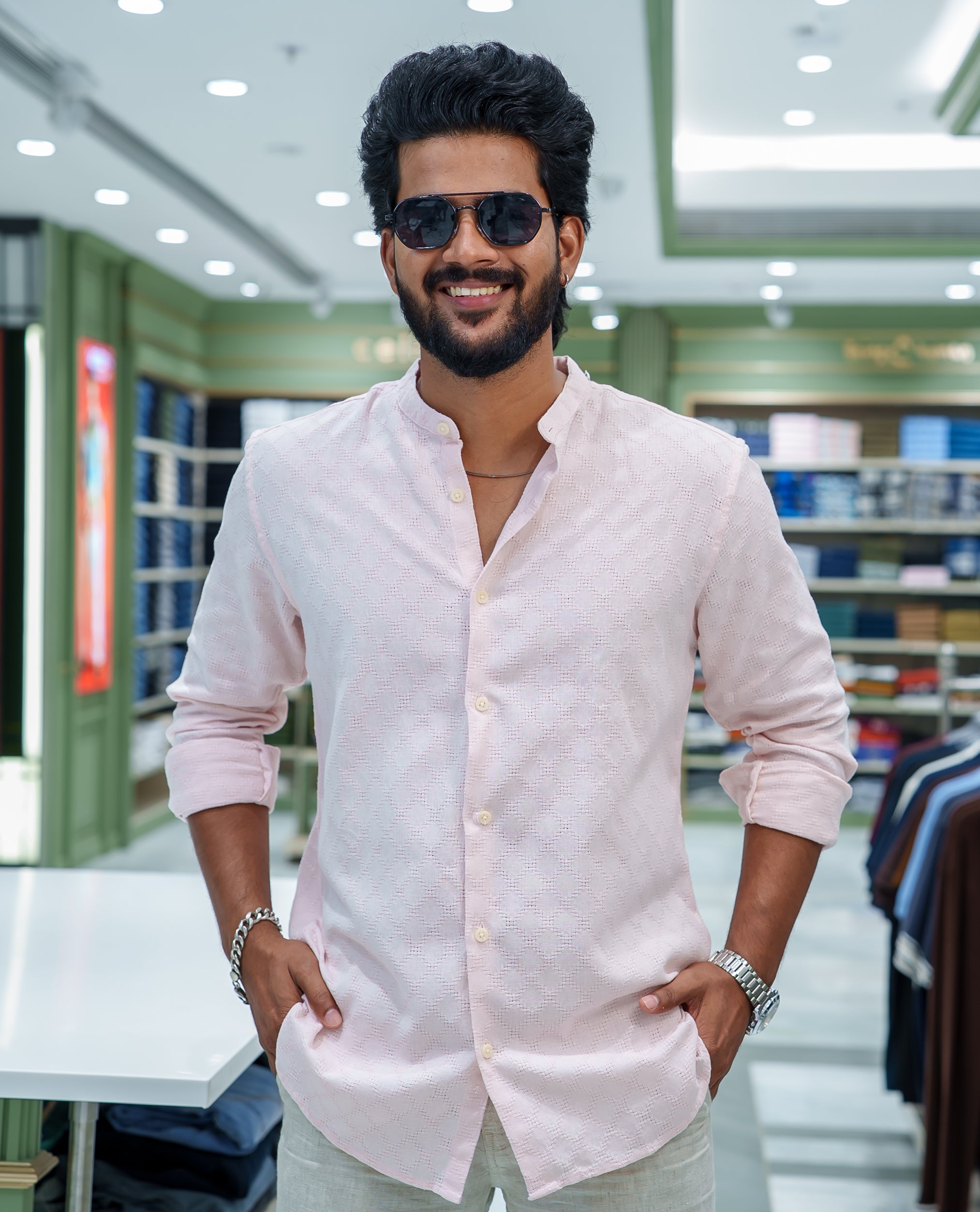 Pink Cotton Blended Casual Shirt, Subtly Sparkled with Diamond-Patterns Texture, Featuring a Mandarin Collar, Full Sleeves, Slim Fit, and Regular Length