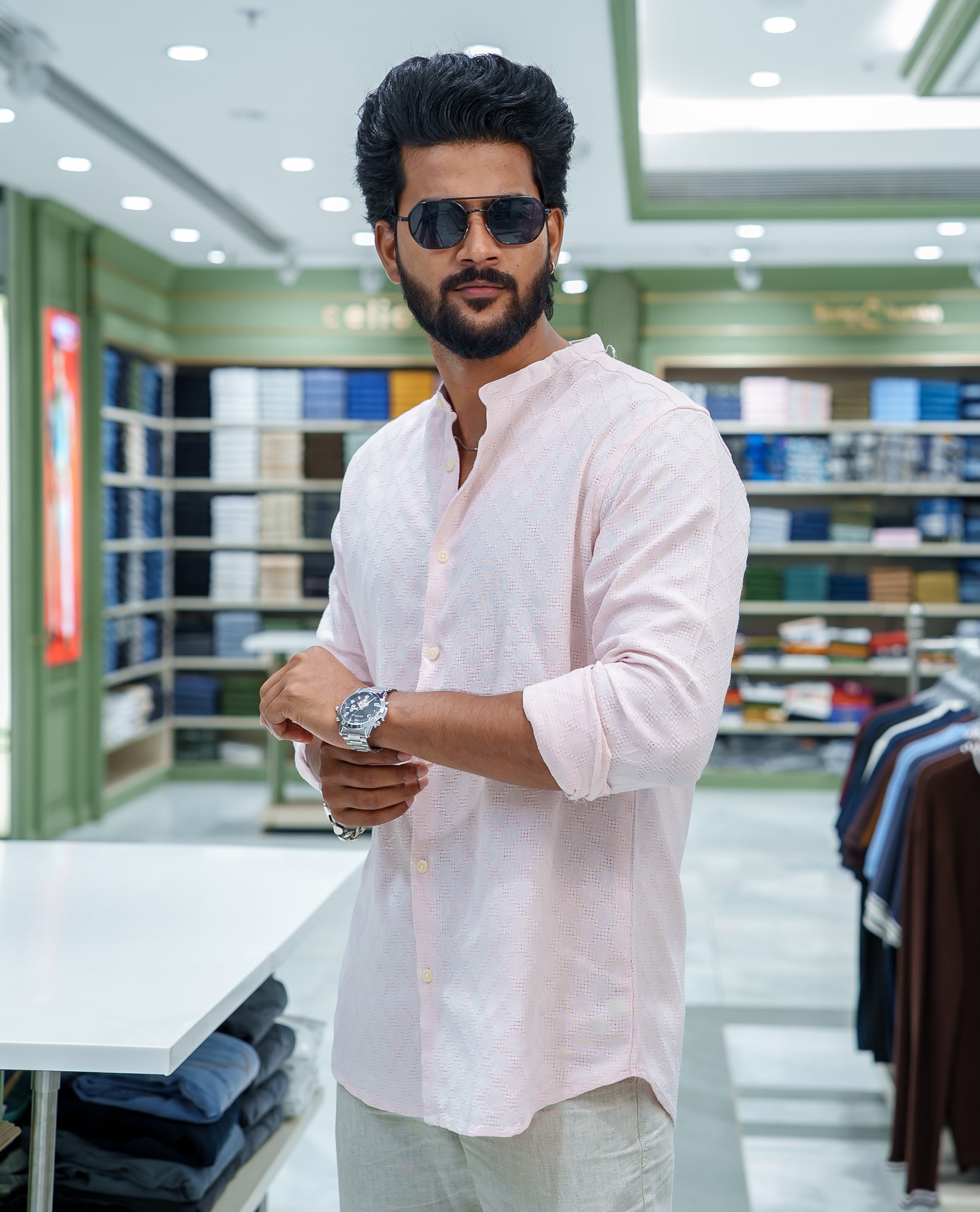 Pink Cotton Blended Casual Shirt, Subtly Sparkled with Diamond-Patterns Texture, Featuring a Mandarin Collar, Full Sleeves, Slim Fit, and Regular Length