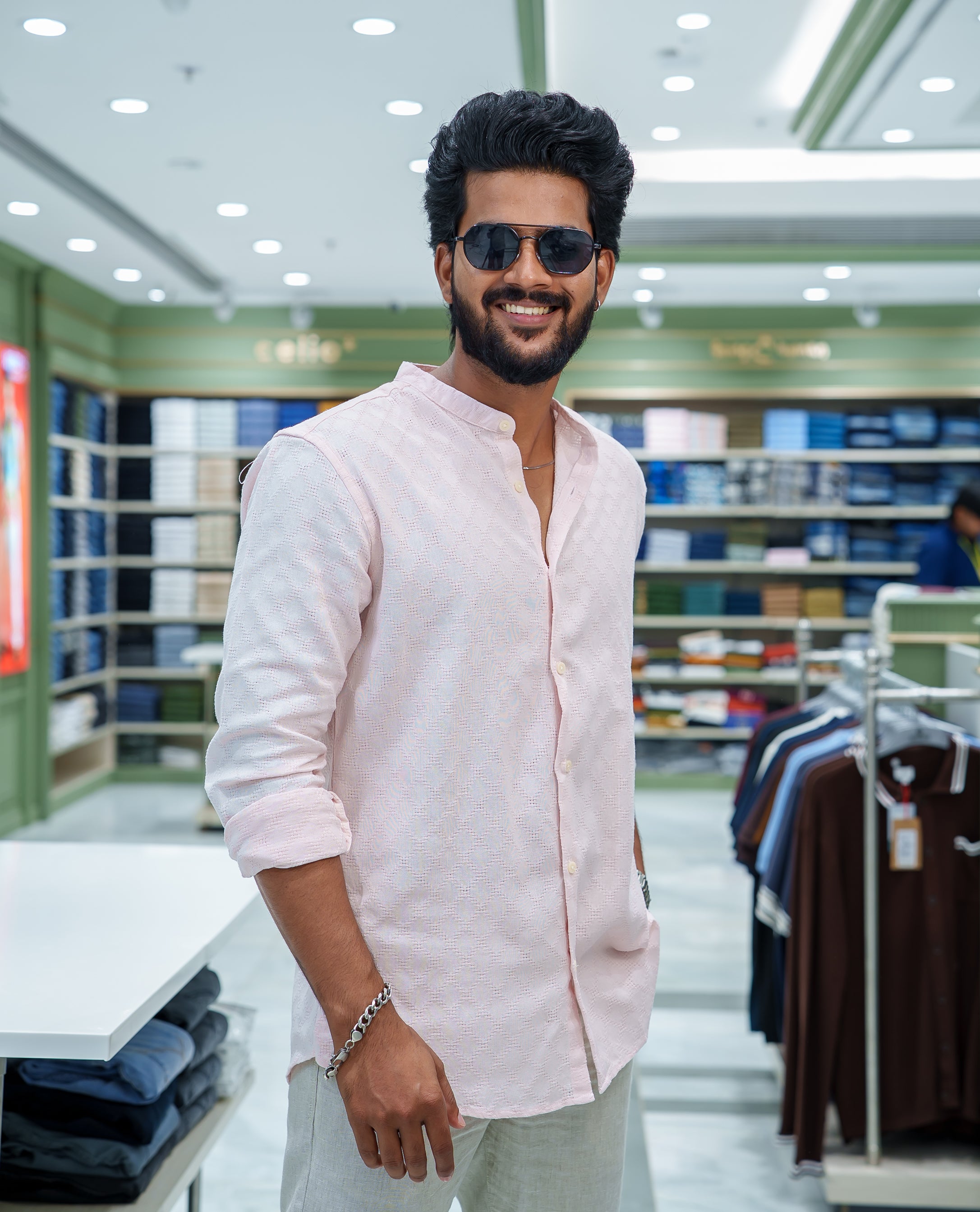 Pink Cotton Blended Casual Shirt, Subtly Sparkled with Diamond-Patterns Texture, Featuring a Mandarin Collar, Full Sleeves, Slim Fit, and Regular Length