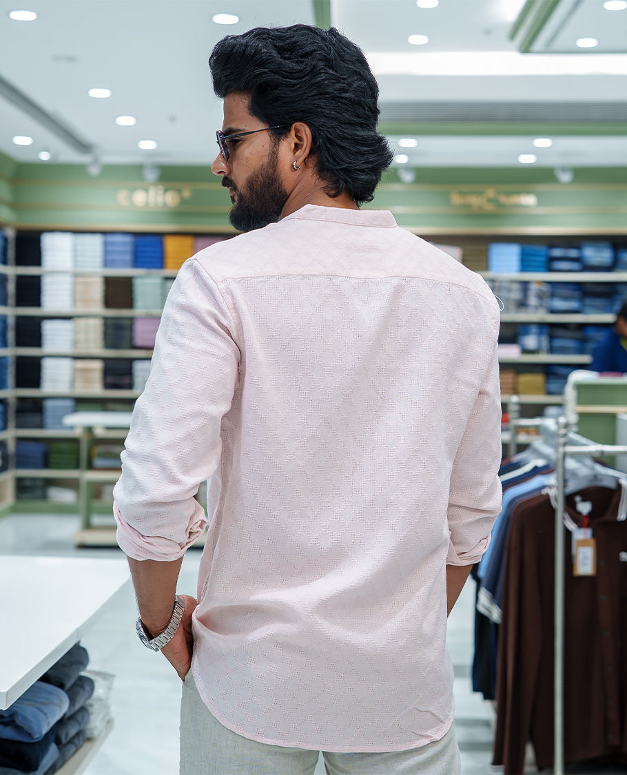 Pink Cotton Blended Casual Shirt, Subtly Sparkled with Diamond-Patterns Texture, Featuring a Mandarin Collar, Full Sleeves, Slim Fit, and Regular Length
