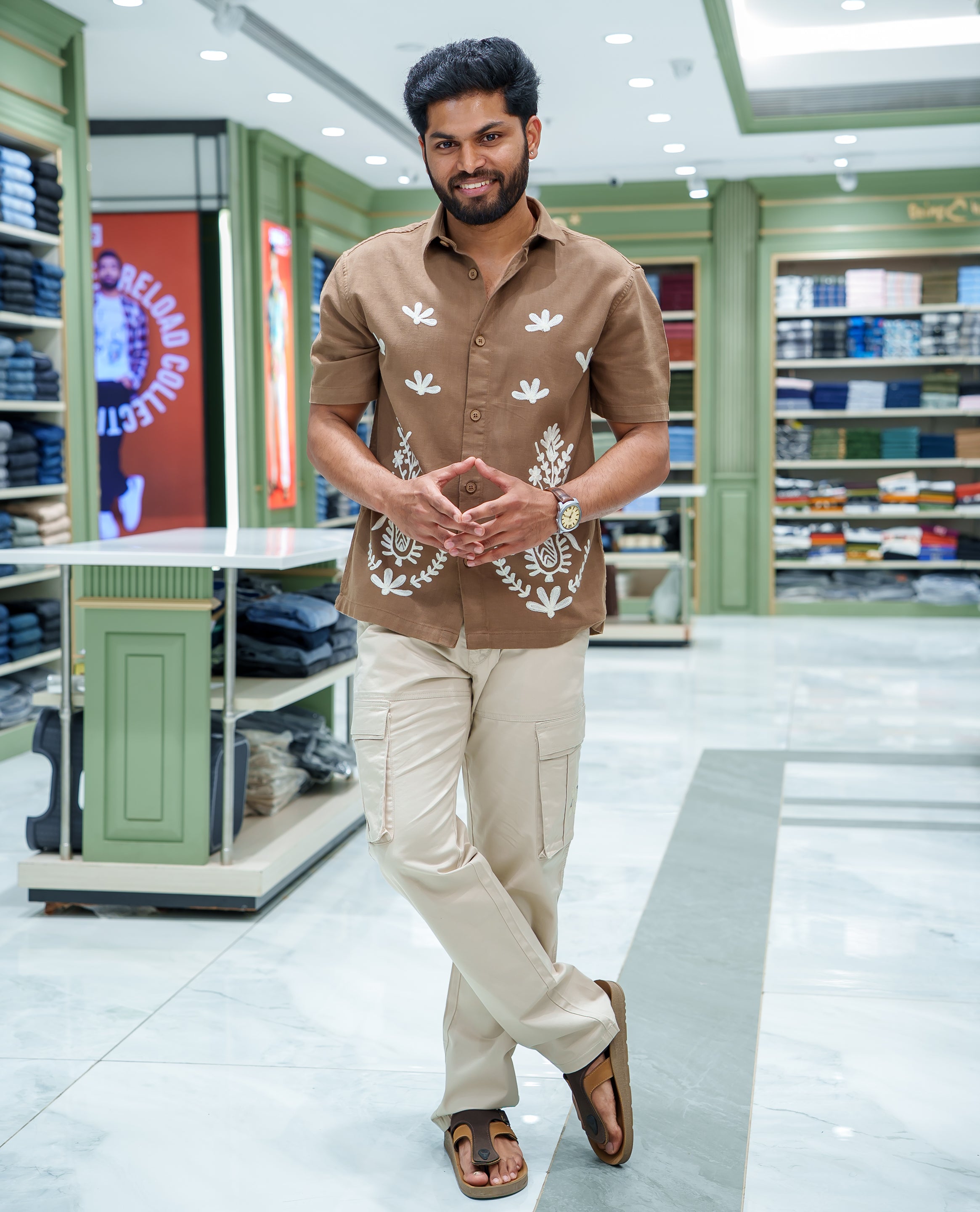 Khaki Cotton-Blended Casual Shirt, Prettified with Floral-Themed Crochet Embroidery, Featuring a Spread Collar, Half Sleeves, Regular Fit, and Regular Length