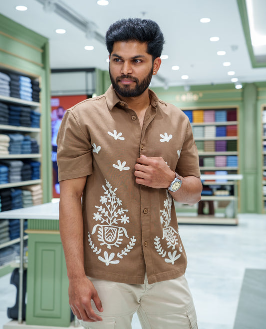 Khaki Cotton-Blended Casual Shirt, Prettified with Floral-Themed Crochet Embroidery, Featuring a Spread Collar, Half Sleeves, Regular Fit, and Regular Length