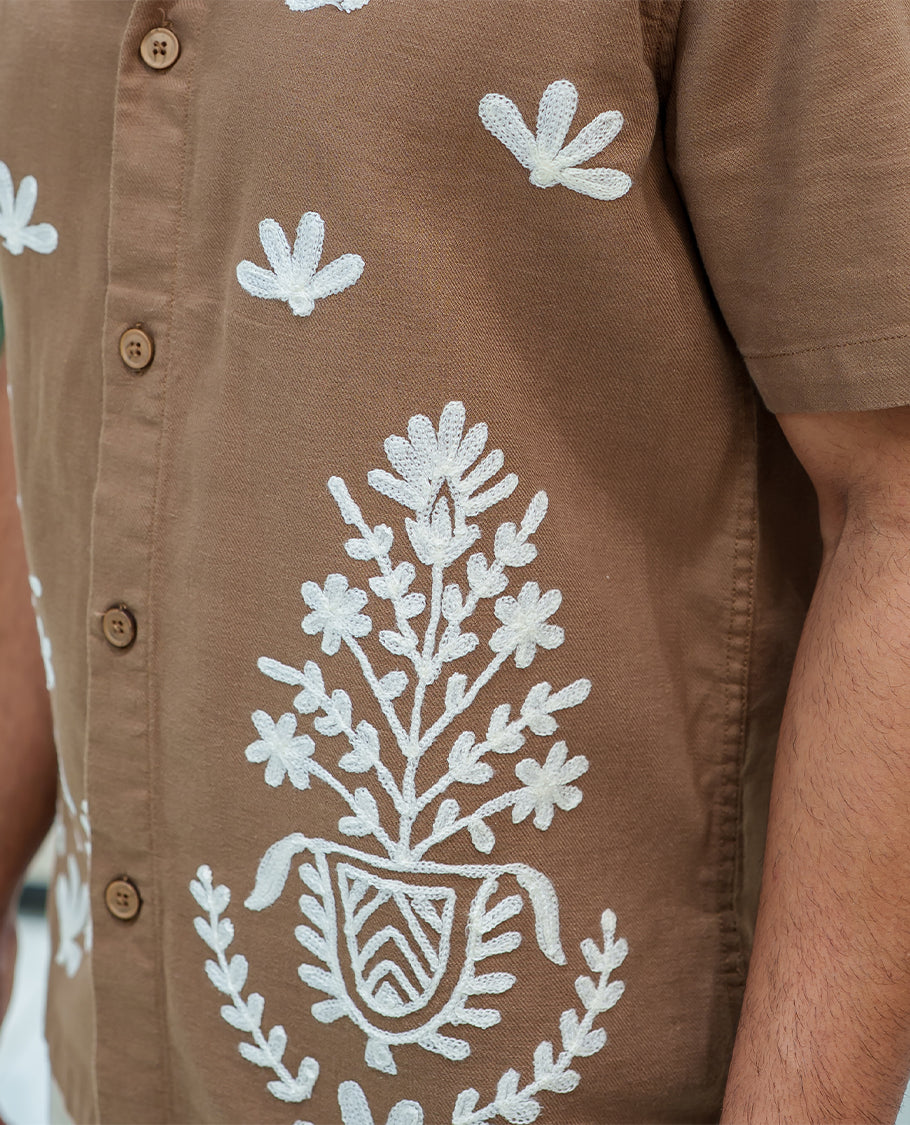 Khaki Cotton-Blended Casual Shirt, Prettified with Floral-Themed Crochet Embroidery, Featuring a Spread Collar, Half Sleeves, Regular Fit, and Regular Length
