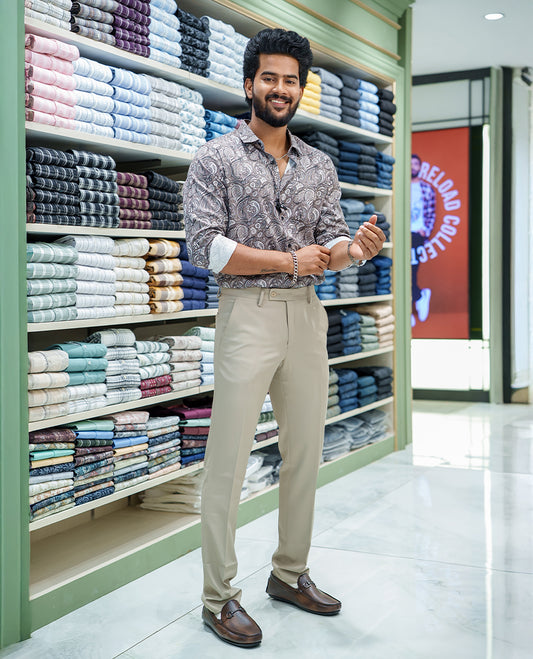 Grey Cotton Blended Casual Shirt, Printed with Intricate Motifs, Featuring a Spread Collar, Full Sleeves, Slim Fit, and Regular Length