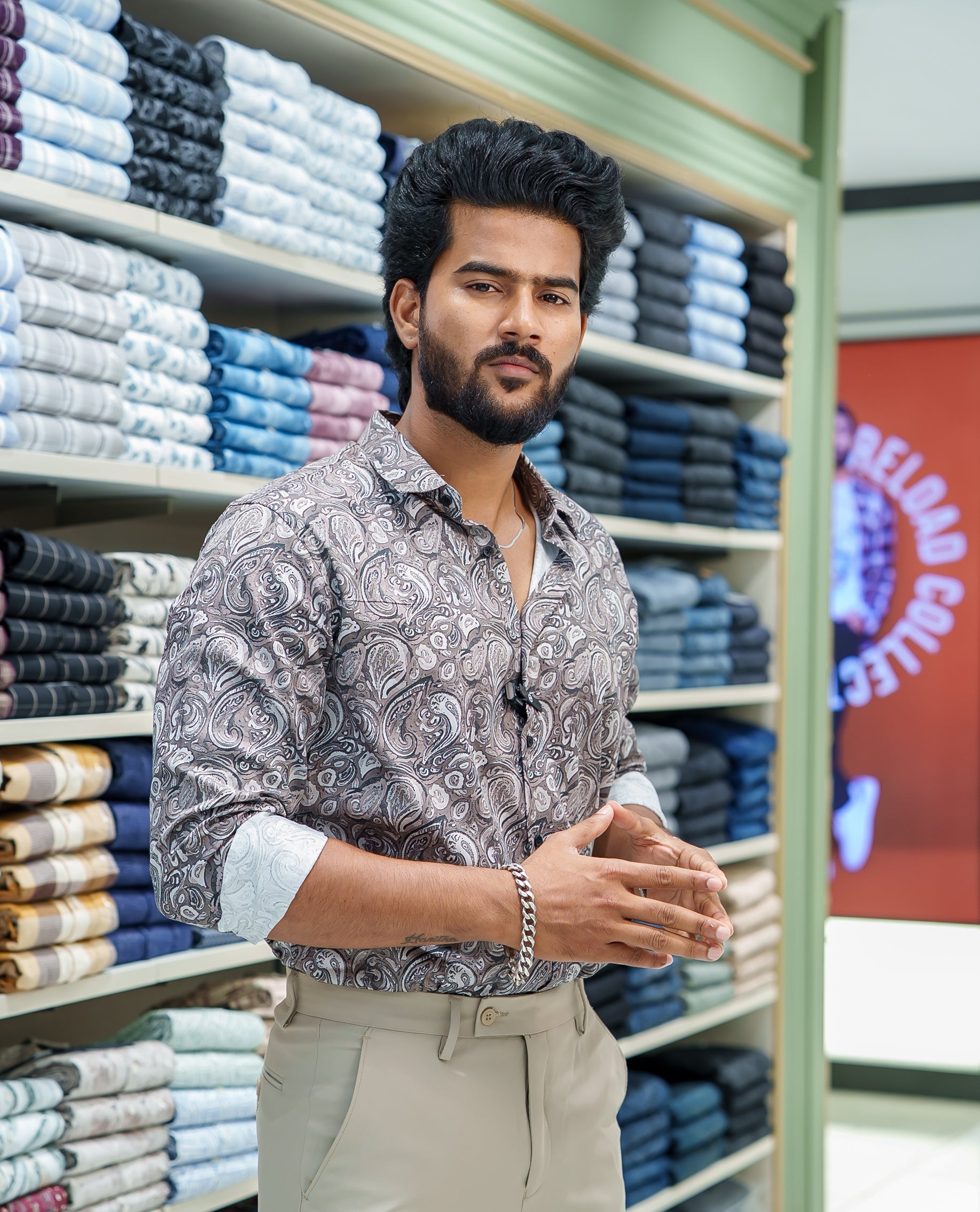 Grey Cotton Blended Casual Shirt, Printed with Intricate Motifs, Featuring a Spread Collar, Full Sleeves, Slim Fit, and Regular Length