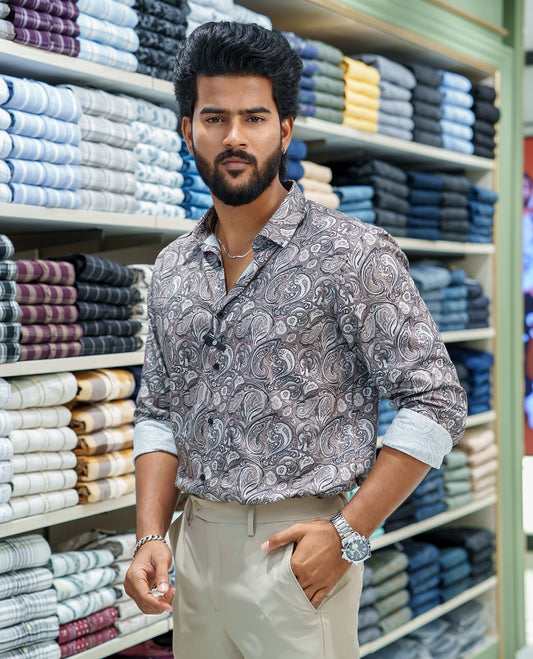 Grey Cotton Blended Casual Shirt, Printed with Intricate Motifs, Featuring a Spread Collar, Full Sleeves, Slim Fit, and Regular Length