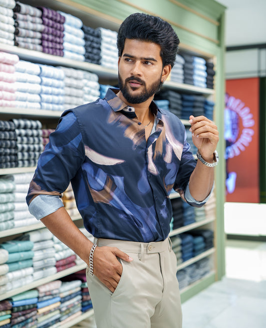 Blue Cotton Blended Casual Shirt, Creatively Designed with Abstract Prints, Featuring a Spread Collar, Full Sleeves, Slim Fit, and Regular Length