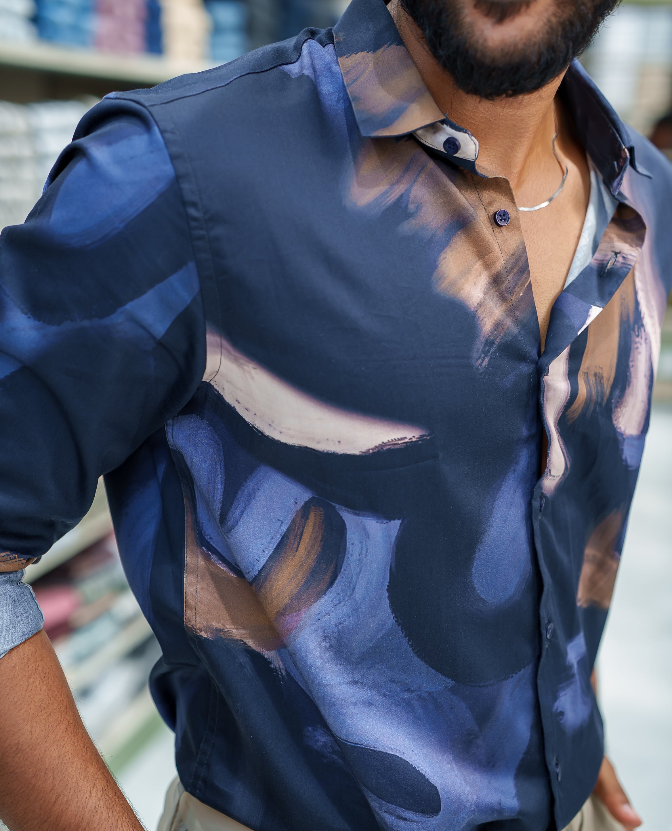 Blue Cotton Blended Casual Shirt, Creatively Designed with Abstract Prints, Featuring a Spread Collar, Full Sleeves, Slim Fit, and Regular Length