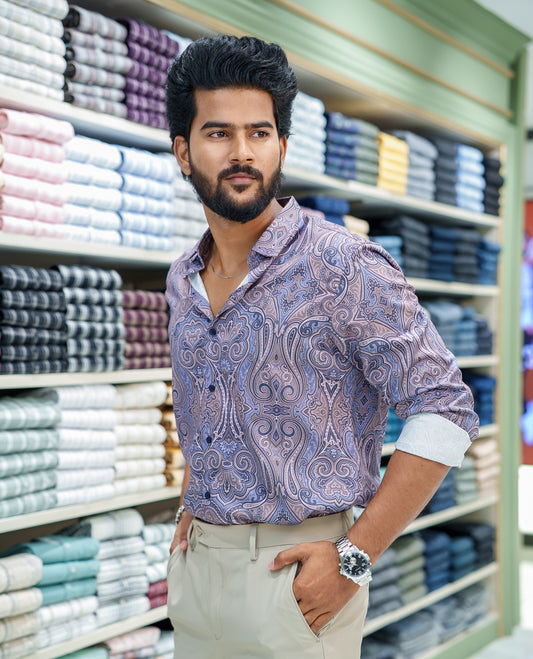 Blue Cotton Blended Casual Shirt, Meticulously Crafted with Mughal-Style Intricate Prints, Featuring a Spread Collar, Full Sleeves, Slim Fit, and Regular Length