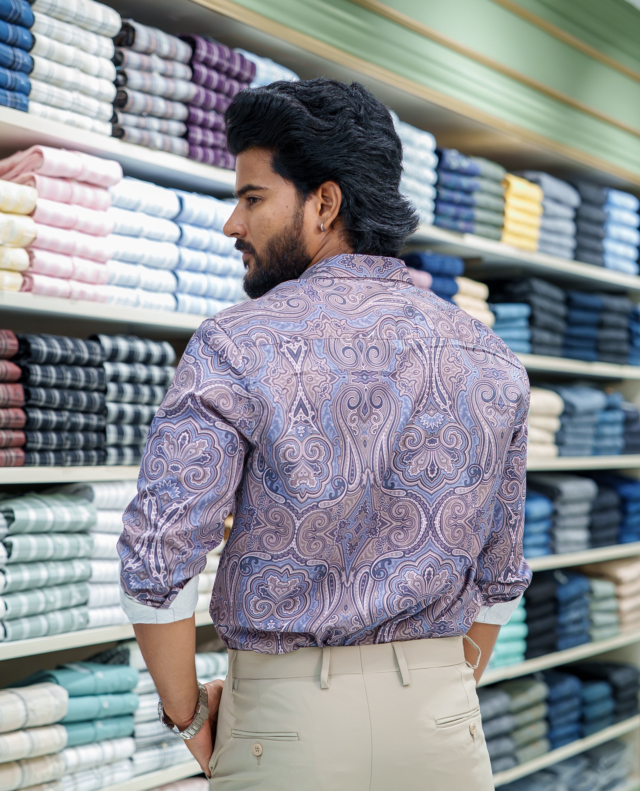 Blue Cotton Blended Casual Shirt, Meticulously Crafted with Mughal-Style Intricate Prints, Featuring a Spread Collar, Full Sleeves, Slim Fit, and Regular Length