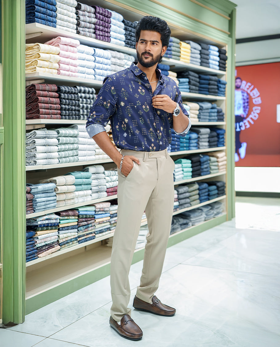 Blue Cotton Blended Casual Shirt, Artfully Detailed with Floral and Diamond Patterns Prints, Featuring a Spread Collar, Full Sleeves, Slim Fit, and Regular Length