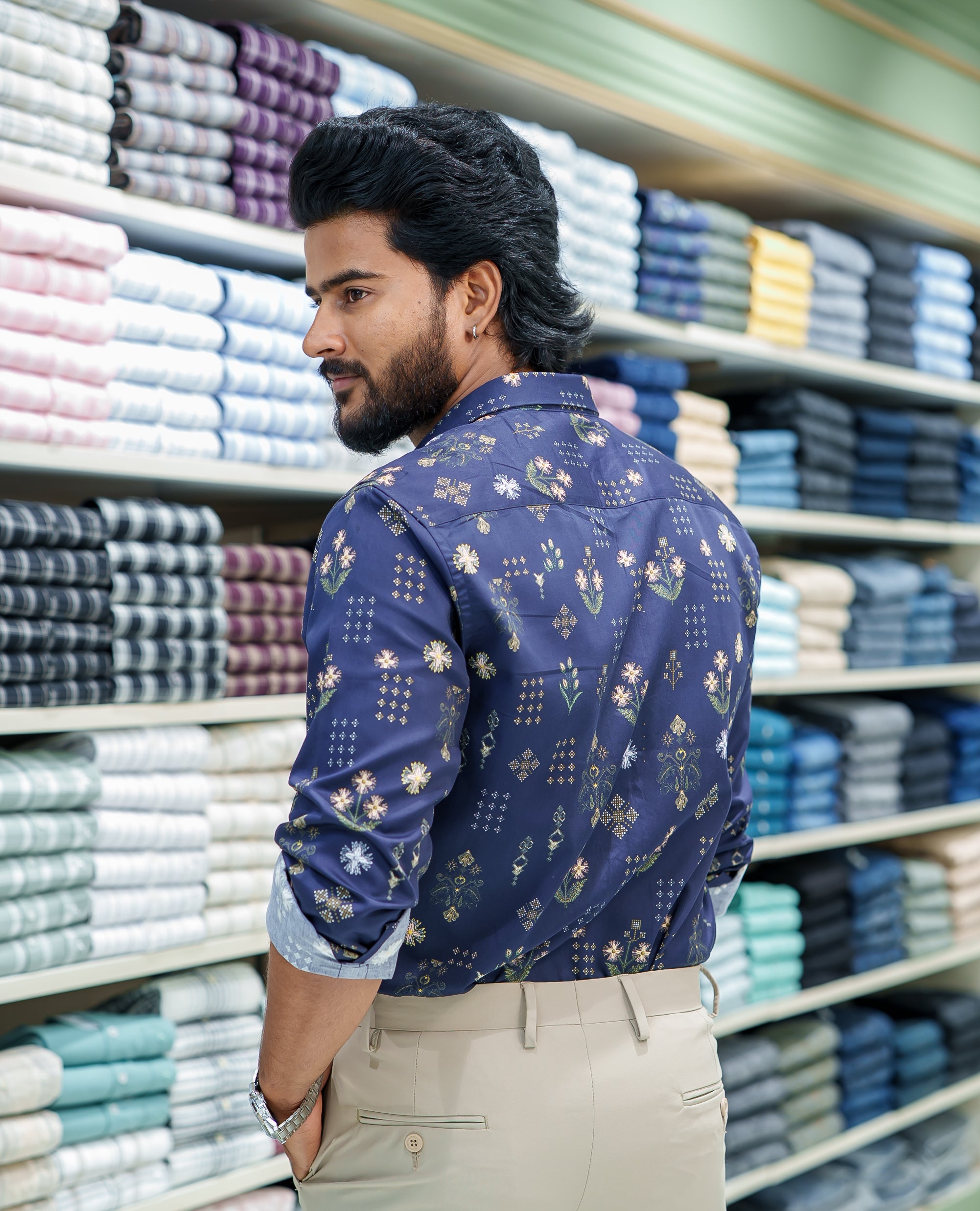 Blue Cotton Blended Casual Shirt, Artfully Detailed with Floral and Diamond Patterns Prints, Featuring a Spread Collar, Full Sleeves, Slim Fit, and Regular Length