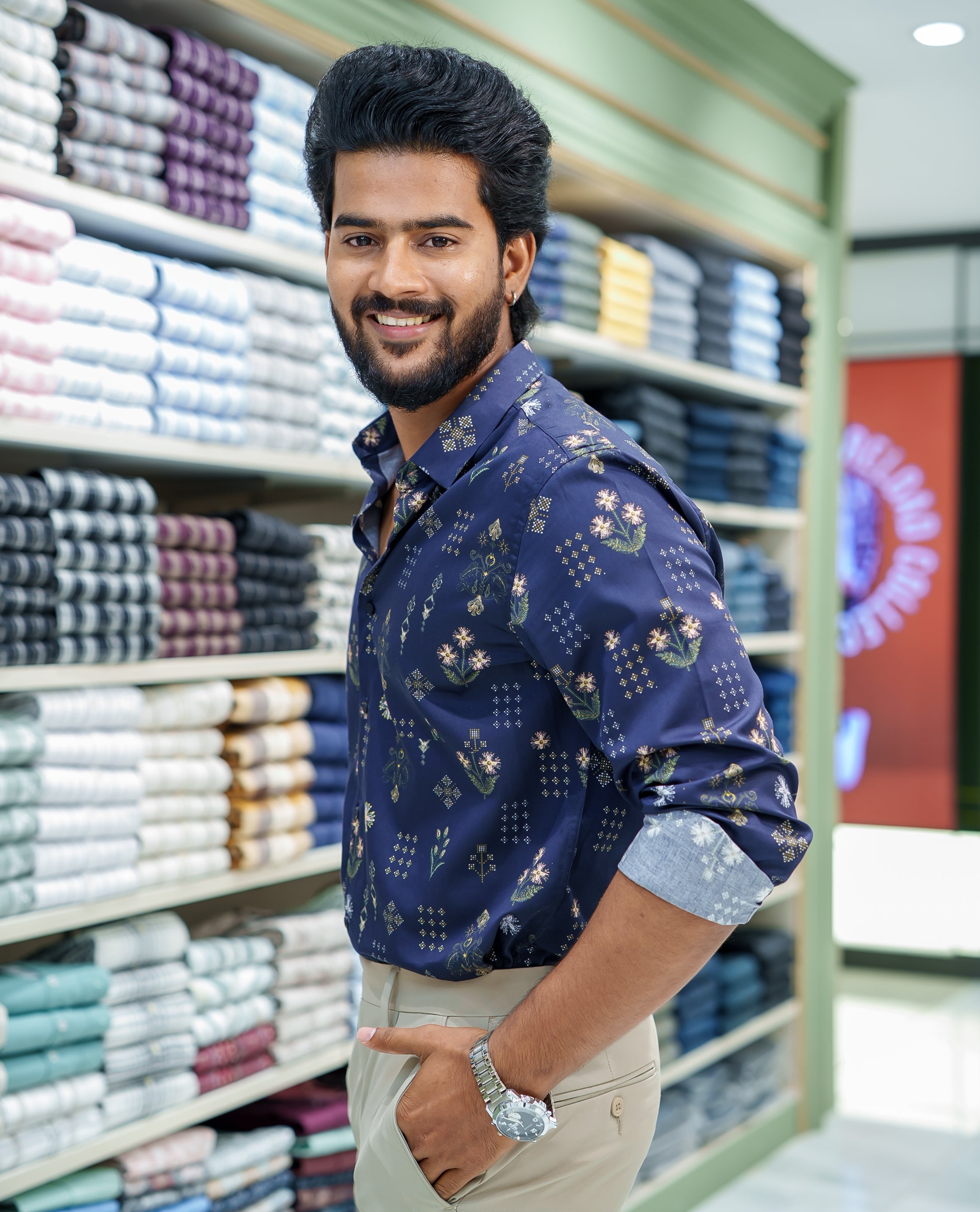 Blue Cotton Blended Casual Shirt, Artfully Detailed with Floral and Diamond Patterns Prints, Featuring a Spread Collar, Full Sleeves, Slim Fit, and Regular Length