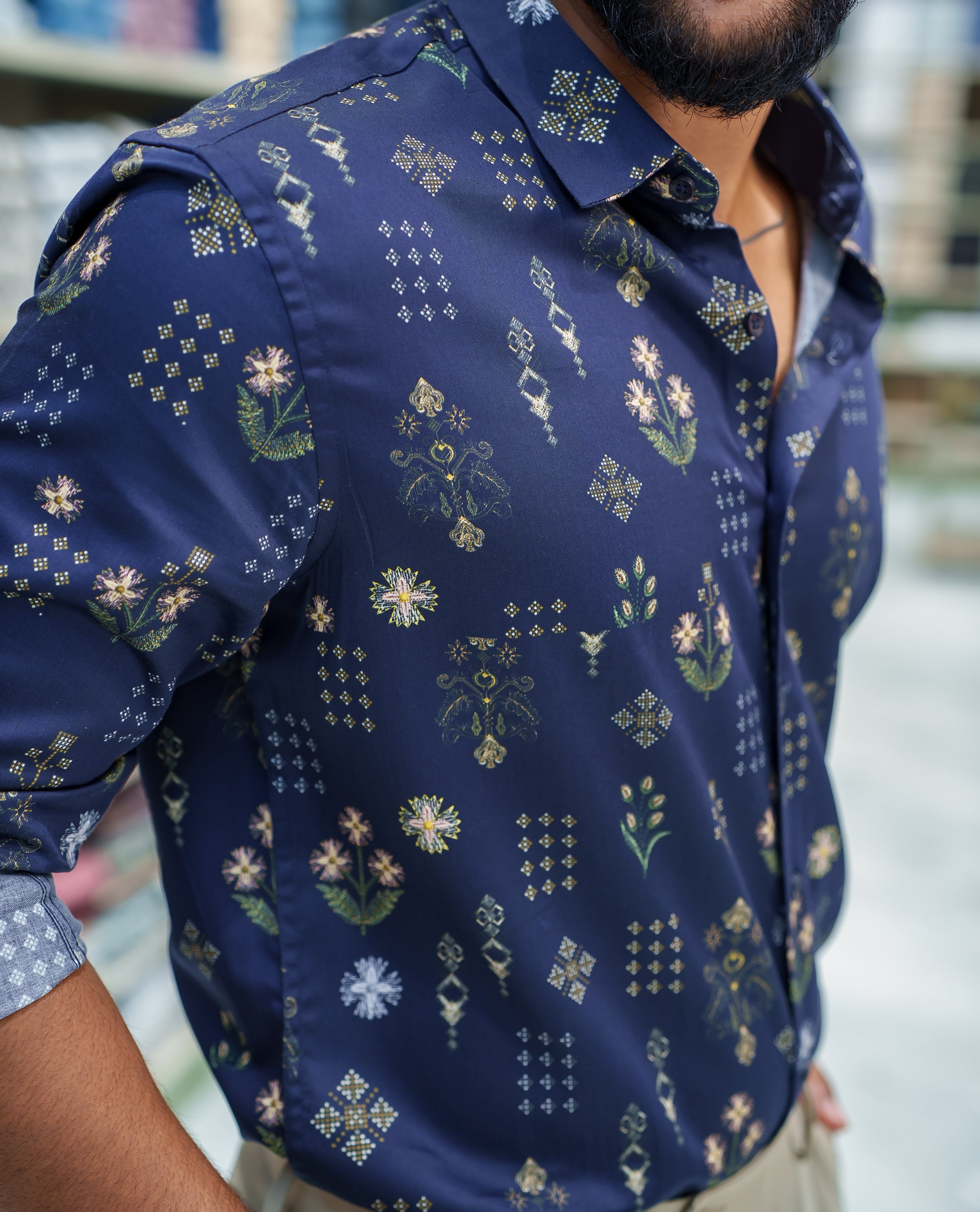 Blue Cotton Blended Casual Shirt, Artfully Detailed with Floral and Diamond Patterns Prints, Featuring a Spread Collar, Full Sleeves, Slim Fit, and Regular Length