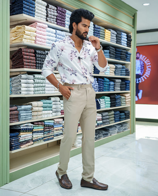 White Cotton Blended Casual Shirt, Elegantly Detailed with Floral Motif Prints, Featuring a Spread Collar, Full Sleeves, Slim Fit, and Regular Length