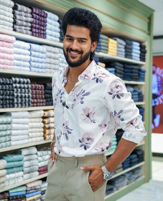 White Cotton Blended Casual Shirt, Elegantly Detailed with Floral Motif Prints, Featuring a Spread Collar, Full Sleeves, Slim Fit, and Regular Length