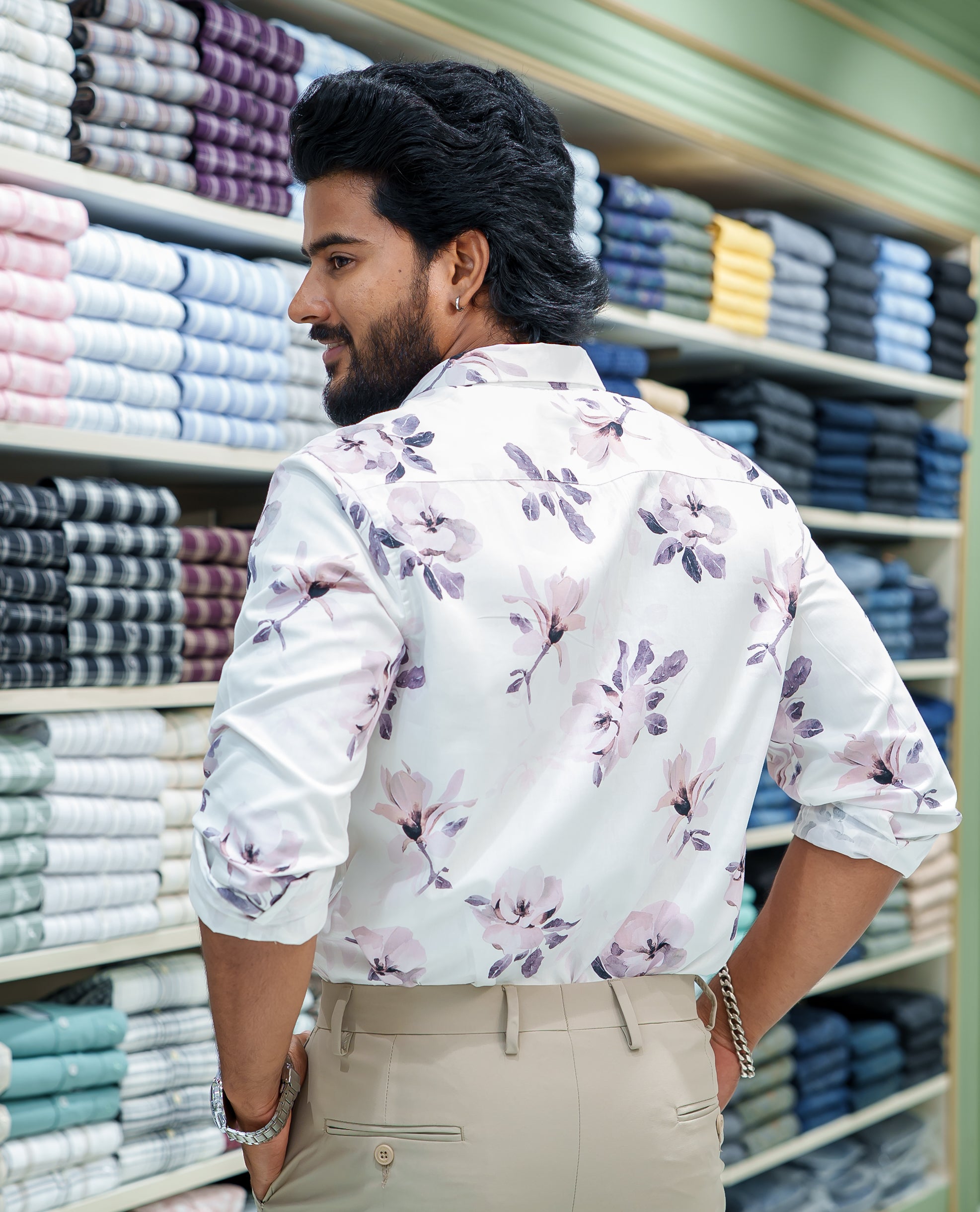 White Cotton Blended Casual Shirt, Elegantly Detailed with Floral Motif Prints, Featuring a Spread Collar, Full Sleeves, Slim Fit, and Regular Length
