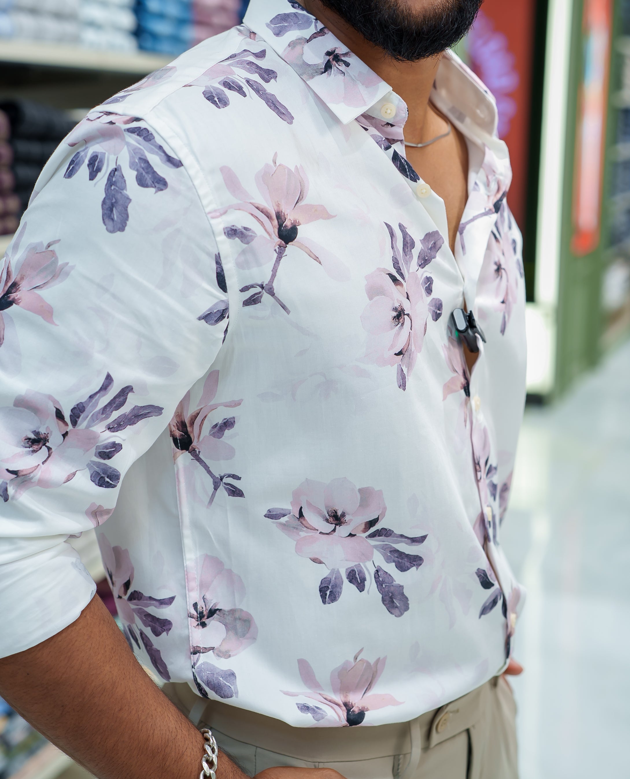 White Cotton Blended Casual Shirt, Elegantly Detailed with Floral Motif Prints, Featuring a Spread Collar, Full Sleeves, Slim Fit, and Regular Length