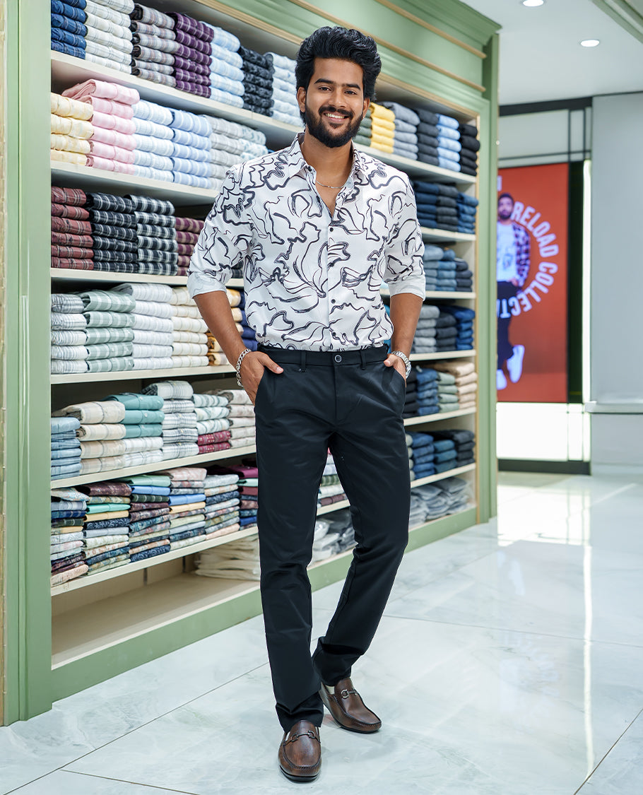 White Cotton Blended Casual Shirt, Gracefully Embellished with Abstract Design Prints, Featuring a Spread Collar, Full Sleeves, Slim Fit, and Regular Length