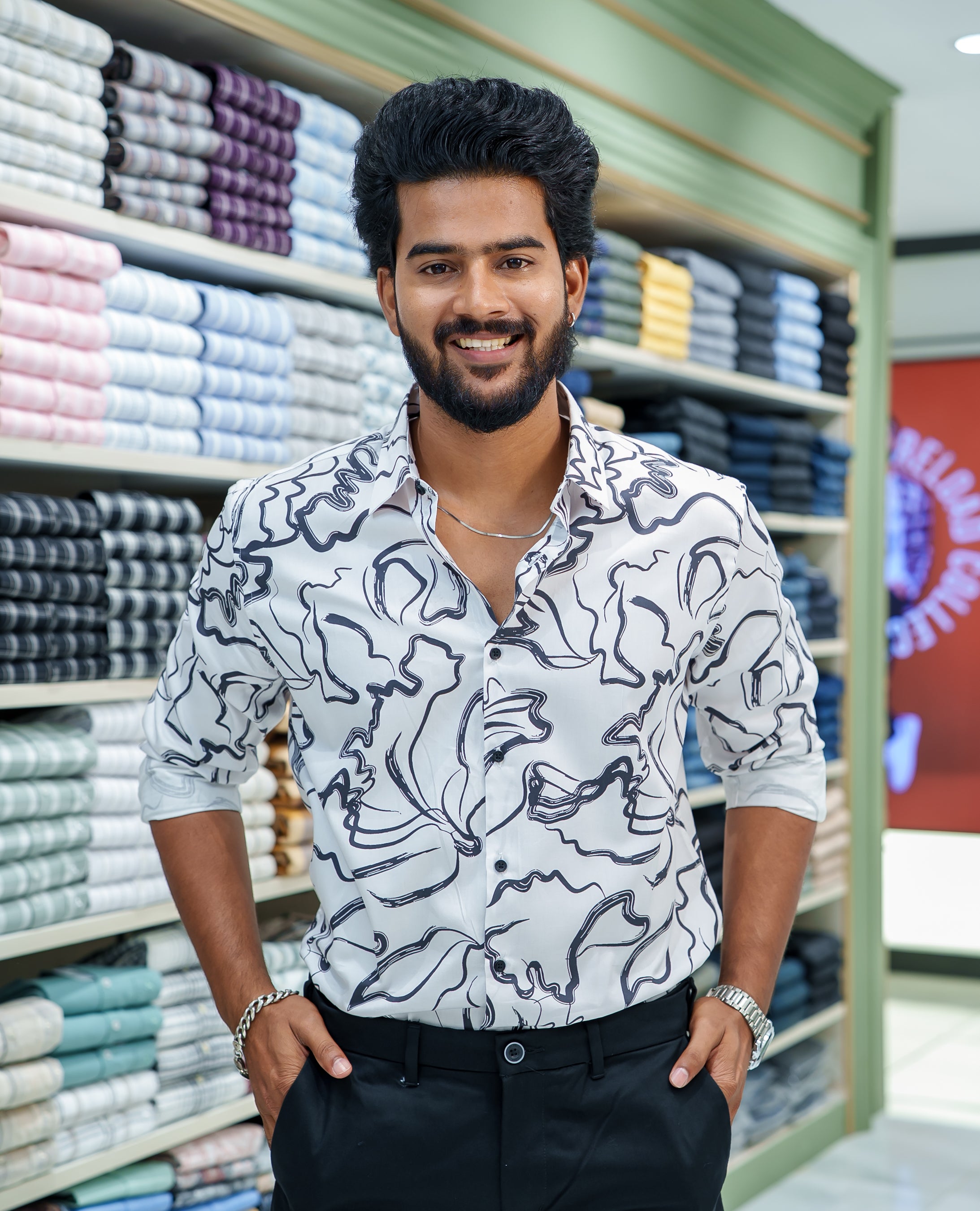 White Cotton Blended Casual Shirt, Gracefully Embellished with Abstract Design Prints, Featuring a Spread Collar, Full Sleeves, Slim Fit, and Regular Length