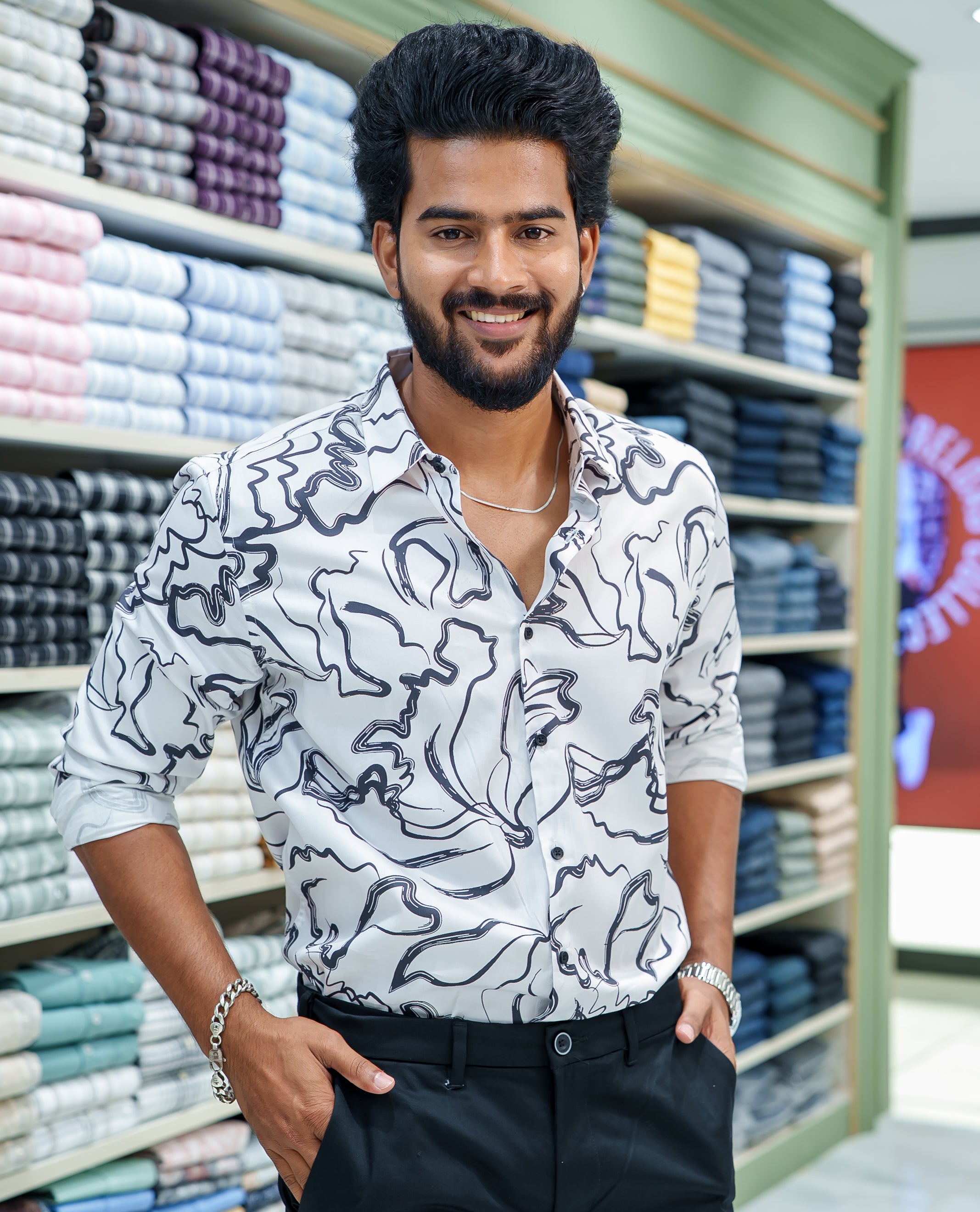 White Cotton Blended Casual Shirt, Gracefully Embellished with Abstract Design Prints, Featuring a Spread Collar, Full Sleeves, Slim Fit, and Regular Length