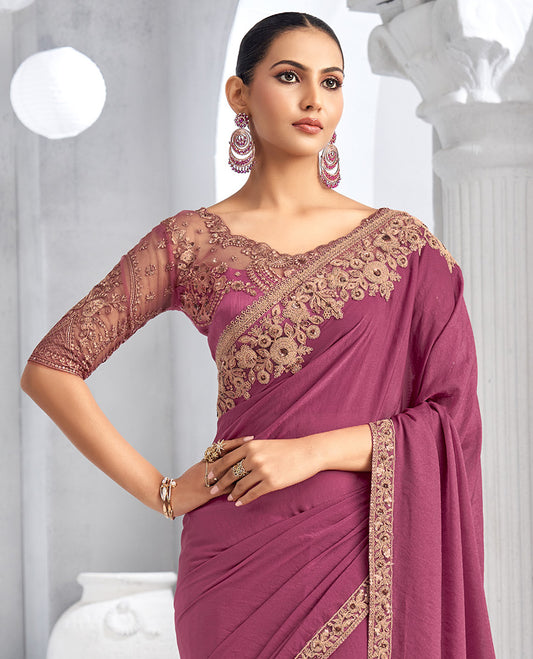 Pink plain designer saree, intricately embroidered border, and self-pallu