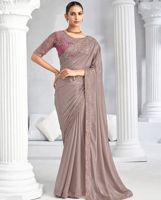 Grey plain designer saree, scallop embroidered border, and self-pallu