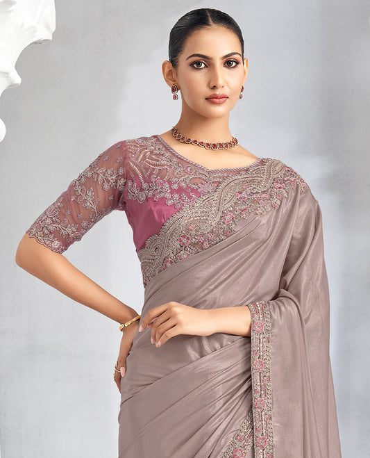 Grey plain designer saree, scallop embroidered border, and self-pallu