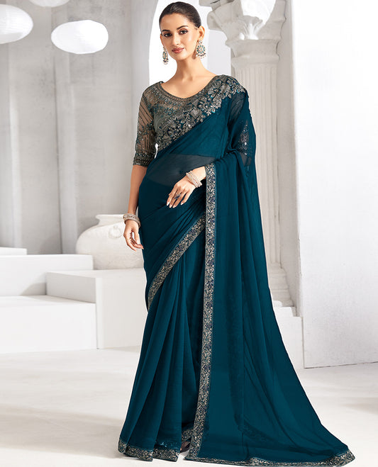 Peacock blue plain designer saree, scallop embroidered border, and self-pallu