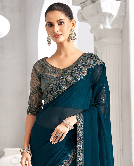 Peacock blue plain designer saree, scallop embroidered border, and self-pallu