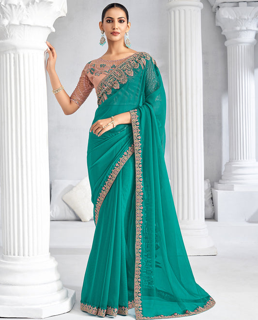Turquoise plain designer saree, embroidered border, and self-pallu