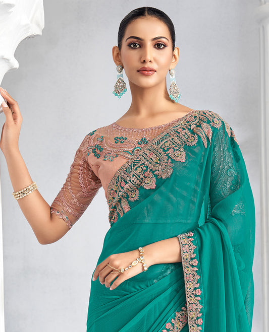 Turquoise plain designer saree, embroidered border, and self-pallu