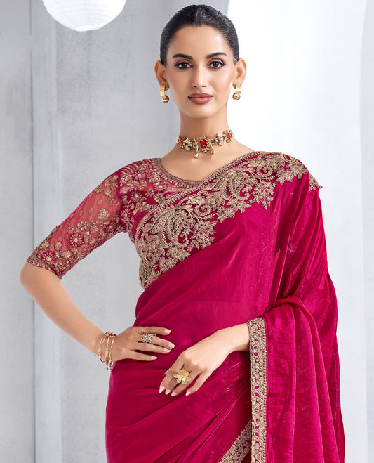 Rani pink plain designer saree, floral-paisley embroidered  border, and self-pallu