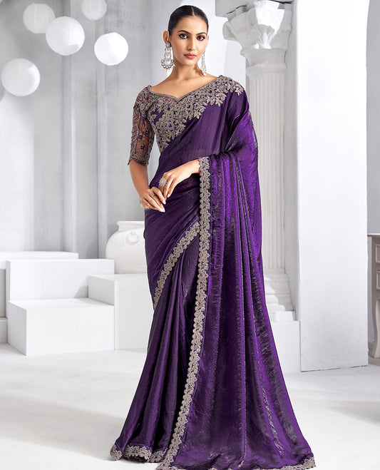 Violet plain designer saree, scallop floral vine embroidered border, and self-pallu