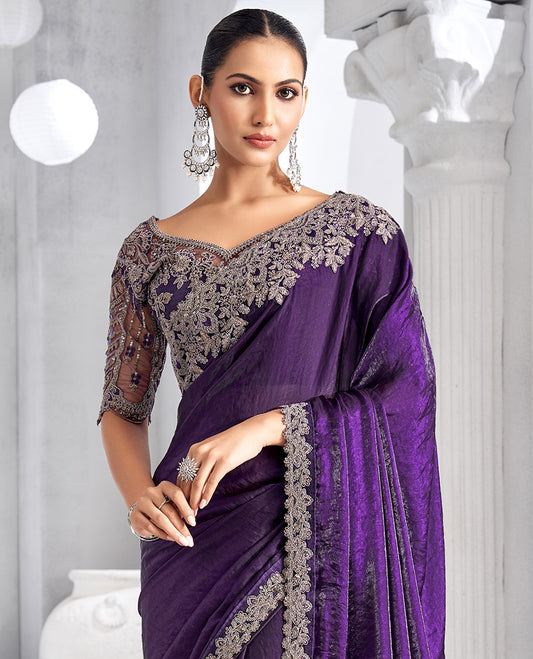Violet plain designer saree, scallop floral vine embroidered border, and self-pallu