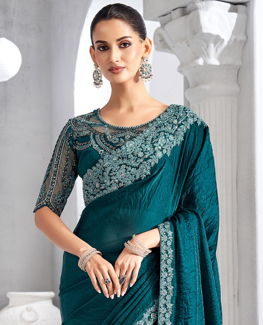 Peacock blue plain designer saree, floral scallop embroidered border, and self-pallu