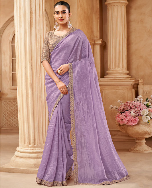 Lavender crushed designer saree, scallop embroidered border, and contrast embroidered blouse