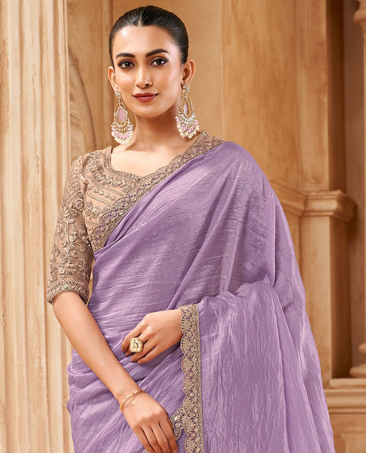 Lavender crushed designer saree, scallop embroidered border, and contrast embroidered blouse