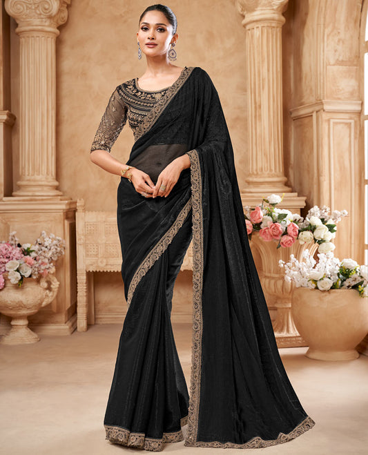Black crushed designer saree, scallop embroidered border, and embroidered blouse
