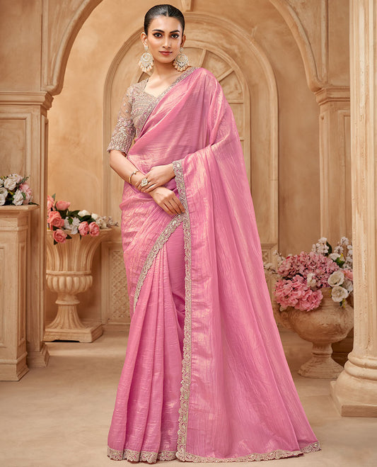 Pink crushed designer saree, scallop embroidered border, and embroidered blouse