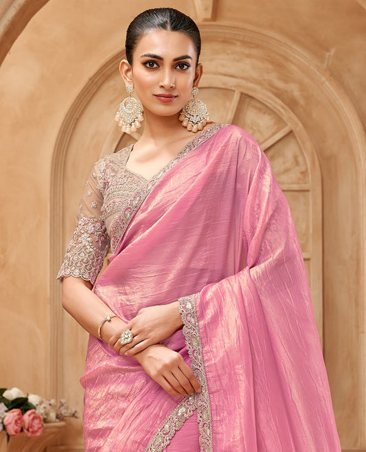 Pink crushed designer saree, scallop embroidered border, and embroidered blouse