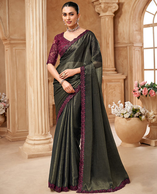 Grey plain designer saree, scallop embroidered border, and contrast embroidered blouse