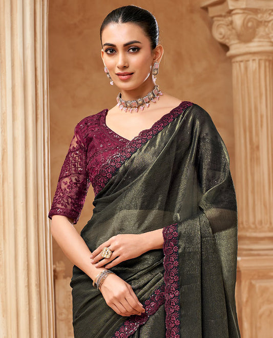 Grey plain designer saree, scallop embroidered border, and contrast embroidered blouse