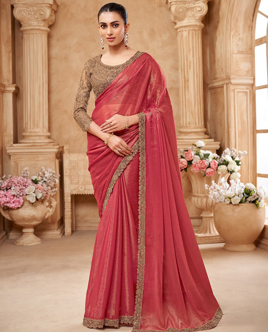 Peach plain designer saree, scallop embroidered border, and contrast embroidered blouse