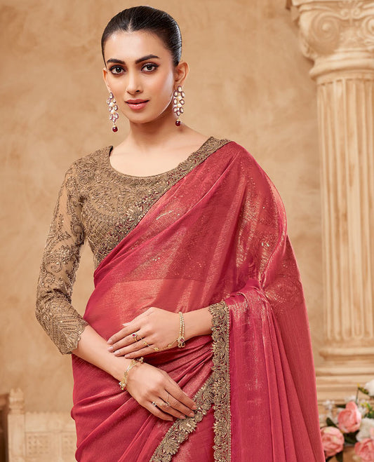Peach plain designer saree, scallop embroidered border, and contrast embroidered blouse